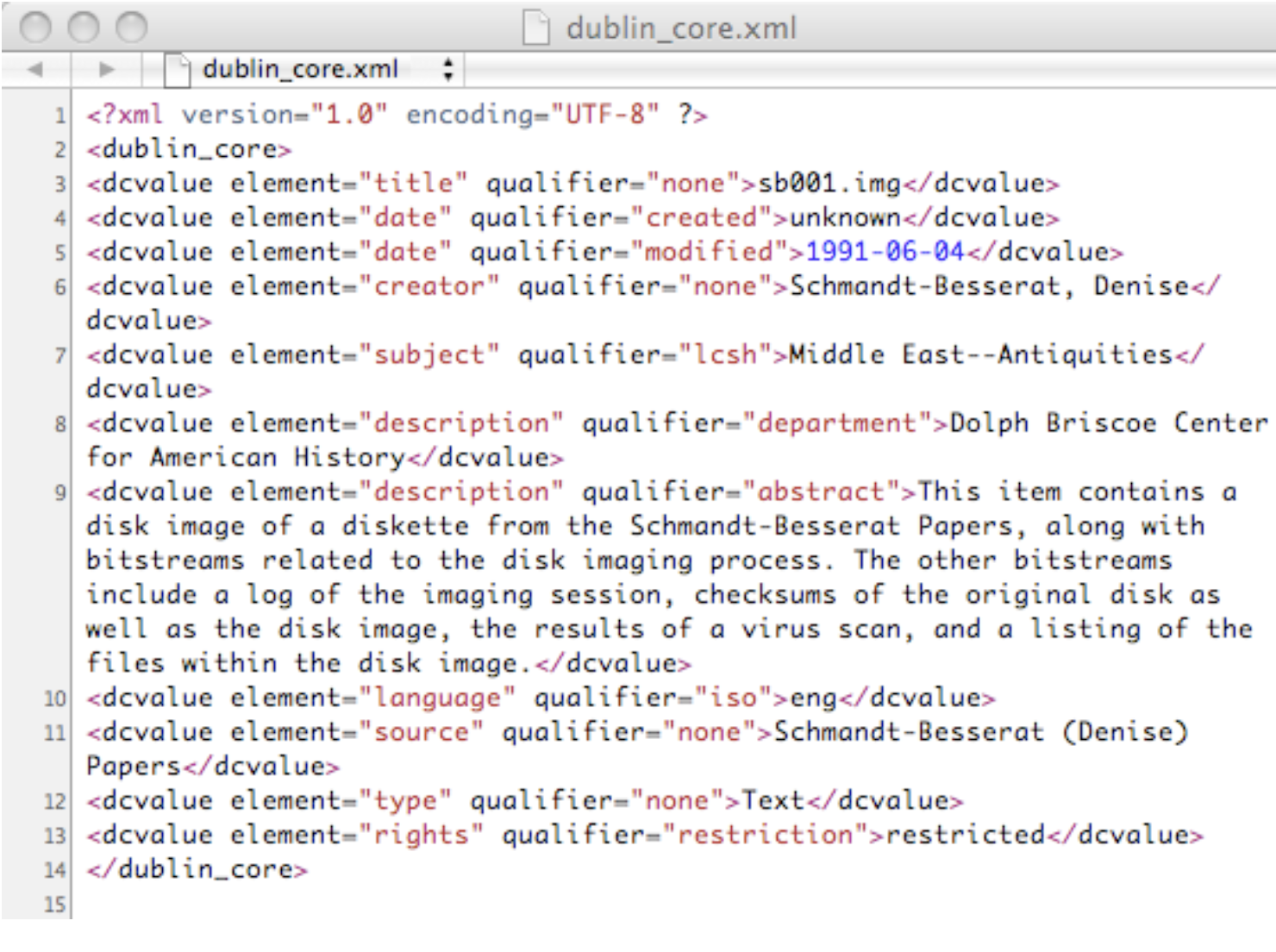 Screenshot of xml describing a disk image created during work on the Schmandt-Besserat Papers in group project for course on 'Problems in Long-Term Preservation of Electronic Records'